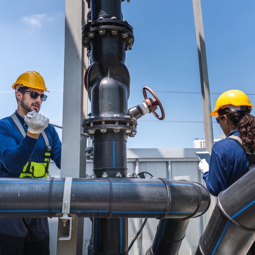 Engineers in safety gear reviewing a tablet together at a treatment plant